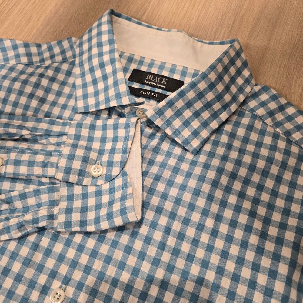 Saks Fifth Avenue BLACK Mens Slim Fit Gingham Button Down Shirt Blue White Large